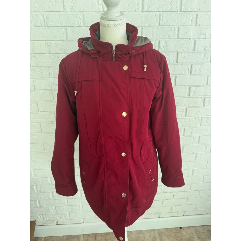 Gallery New York Parka Jacket Womens Medium Red Excellent Hooded Quilted Lining